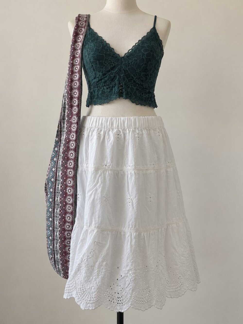 Jennifer & Grace White Eyelet Cotton Tiered Midi Skirt Large Boho Cottagecore